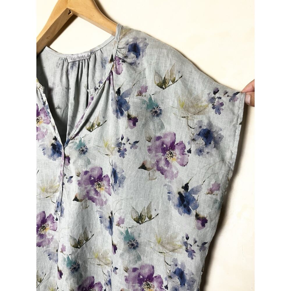 Cut Loose 100% Linen Floral Top Tunic Size XL Gray Boho Coastal Relaxed Casual - Picture 3 of 7
